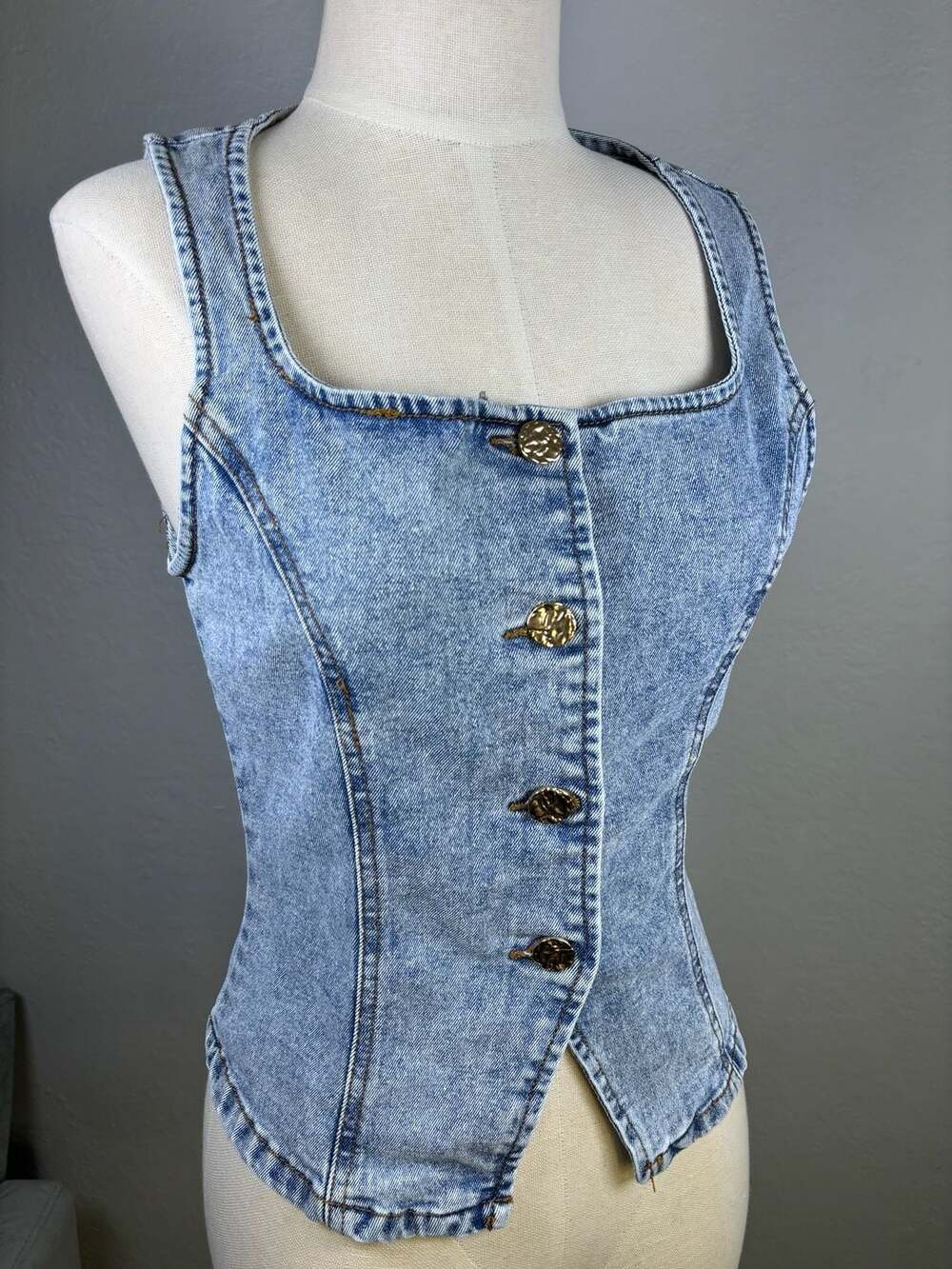 Vigoss Acid Wash Denim Vest with Gold Buttons